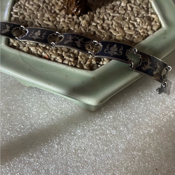Antique Jewelry - Antique Black Enamel Siam Sterling Panel Bracelet with Asian Motif